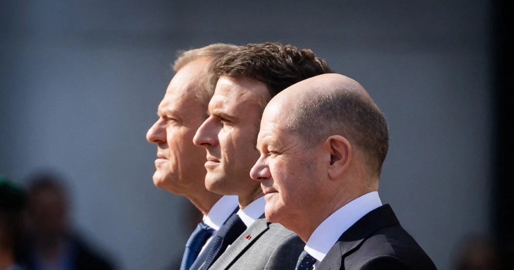 Od lewej: premier Polski Donald Tusk, prezydent Francji Emmanuel Macron, kanclerz Niemiec Olaf Scholz