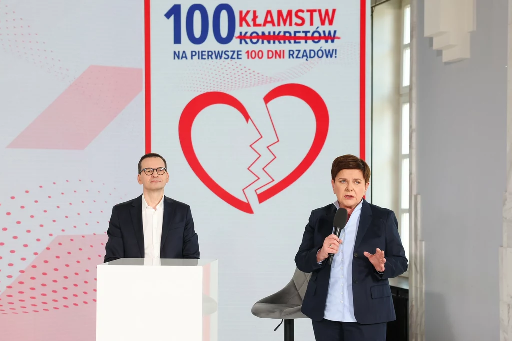 Mateusz Morawiecki i Beata Szydło podczas konferencji podsumowującej sto dni rządu Donalda Tuska