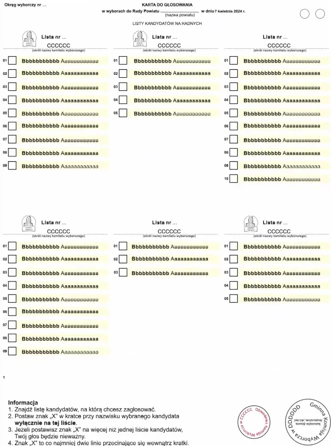 Wzór karty do głosowania na radnych do rady powiatu.