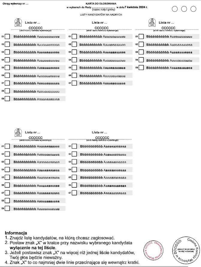 Wzór karty do głosowania na radnych do rady gminy powyżej 20 tys. mieszkańców.