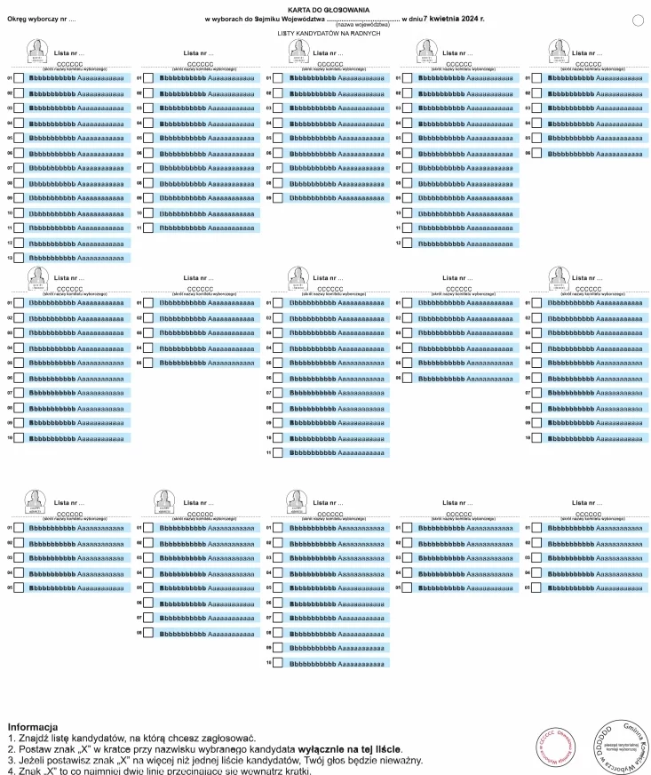 Wzór karty do głosowania na radnych do sejmików wojewódzkich.