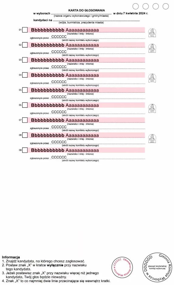 Wzór karty do głosowania na wójtów, burmistrzów i prezydentów miast.