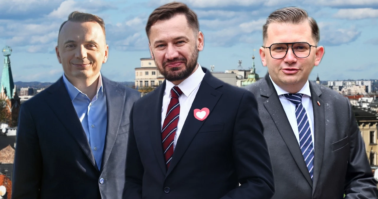 Wybory samorządowe 2024. Kraków. Od lewej: Łukasz Gibała, Aleksander Miszalski oraz Łukasz Kmita