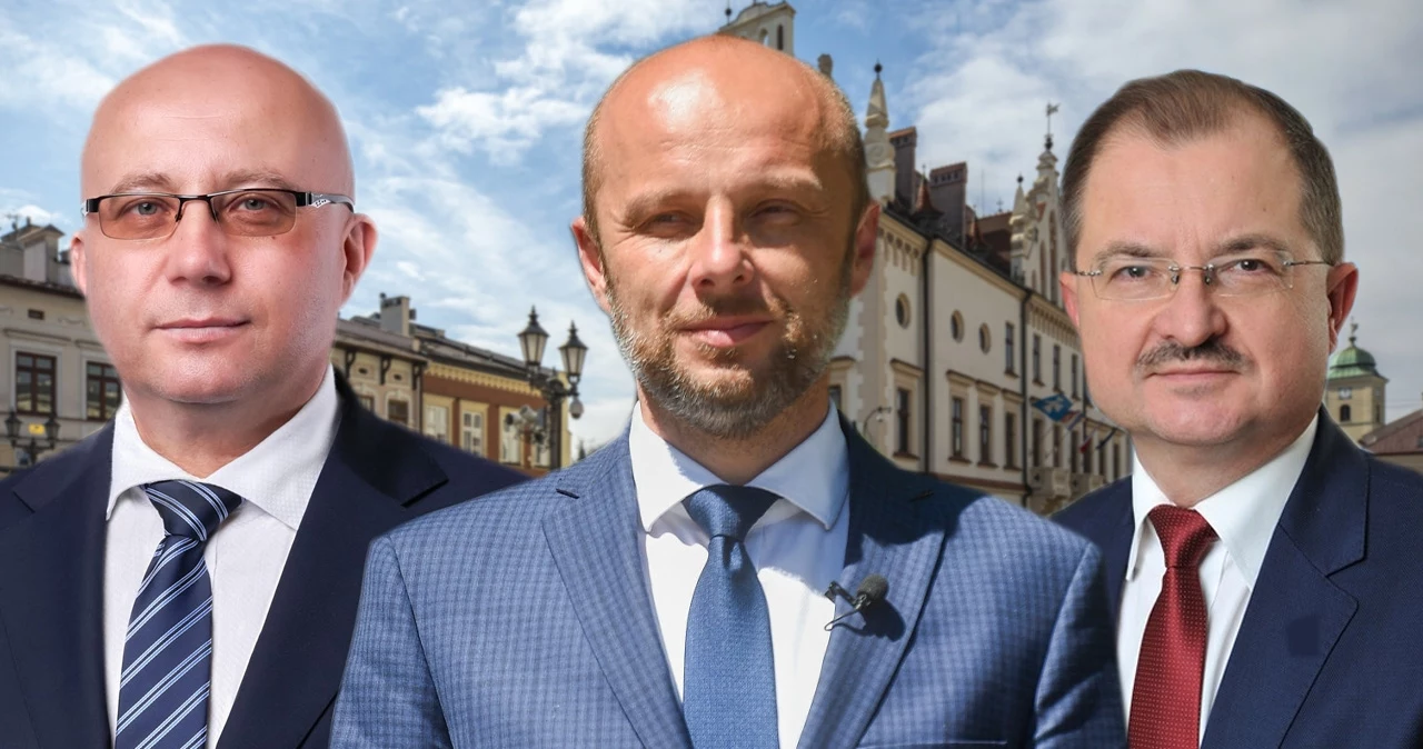 Wybory samorządowe. Rzeszów. Od lewej: Jacek Strojny, Konrad Fijołek oraz Waldemar Szumny