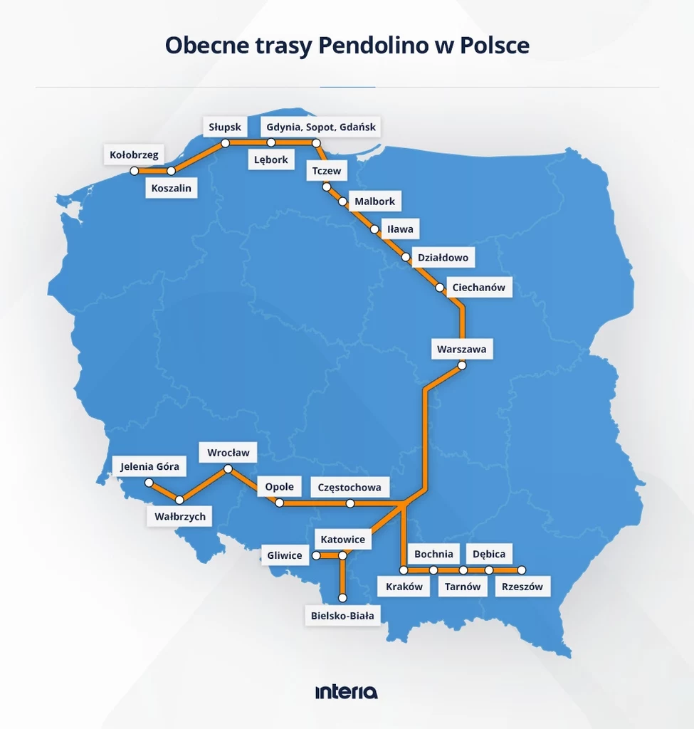 Do tych punktów na mapie Polski dociera Pendolino. Na mapie wybrane miejscowości