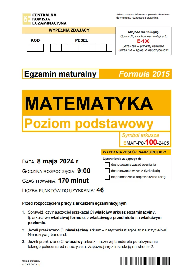 Matura 2024 - formuła 2015. Arkusz CKE i rozwiązania - matematyka. Strona 1