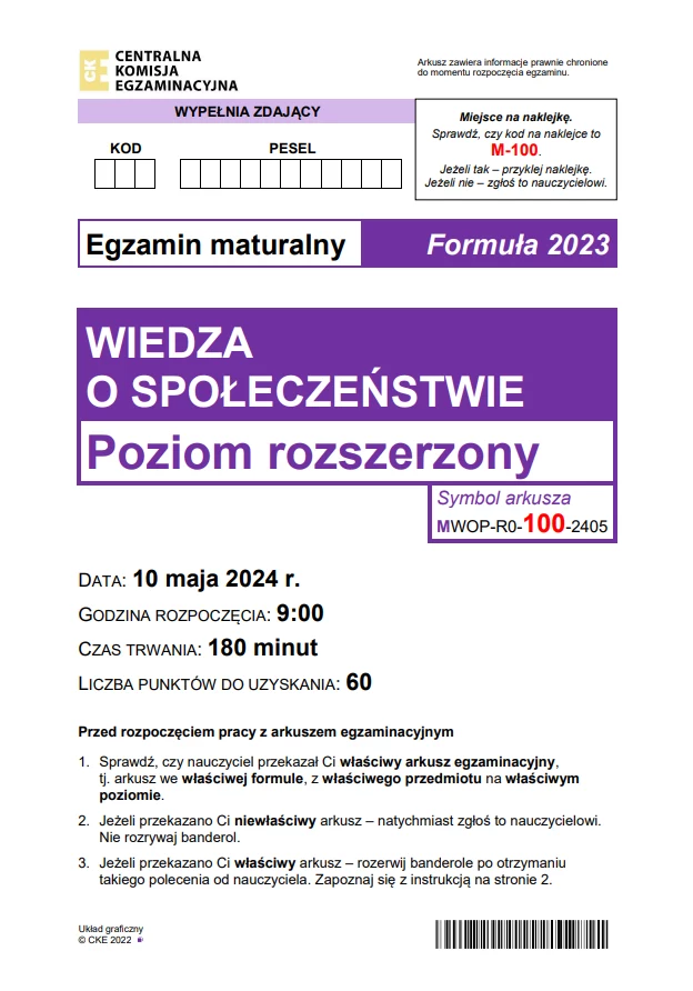 Matura 2024. WOS - poziom rozszerzony. Arkusz CKE i odpowiedzi - strona 1