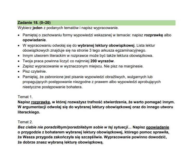 Tematy wypracowania na egzaminie ósmoklasisty 2024 