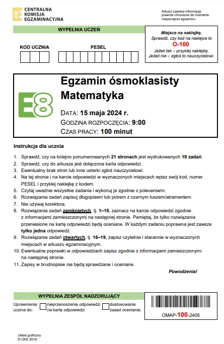 Egzamin ósmoklasisty 2024: Matematyka. Arkusz CKE i odpowiedzi - strona 1