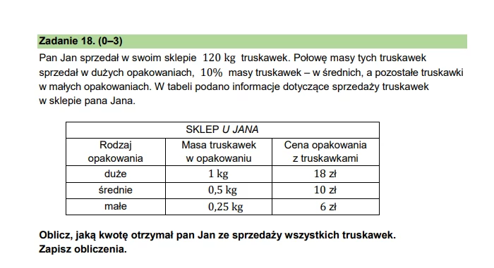 Egzamin ósmoklasisty 2024. Matematyka. Zadanie z truskawkami