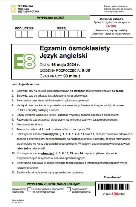 Egzamin ósmoklasisty 2024: Język angielski. Arkusz CKE i odpowiedzi - strona 1