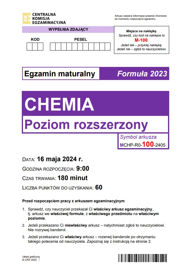 Matura 2024. Chemia - rozszerzenie. Arkusz CKE i odpowiedzi - strona 1