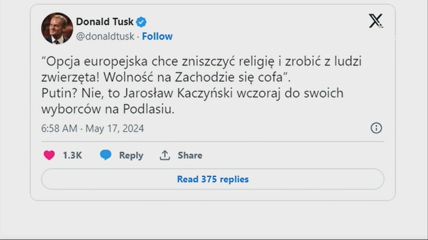 Sebastian Kaleta został zapytany o słowa Jarosława Kaczyńskiego, do których w piątek odniósł się w mediach społecznościowych Donald Tusk. - Opcja europejska chce zniszczyć religię i zrobić z ludzi zwierzęta - powiedział w czwartek prezes PiS.

- Czy w Europie walczy się z chrześcijaństwem? Oczywiście - stwierdził polityk Suwerennej Polski.