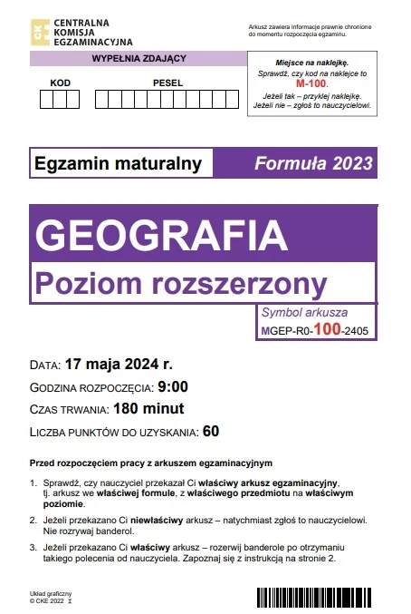 Matura 2024: Geografia, poziom rozszerzony. Arkusz CKE i rozwiązania - strona 1