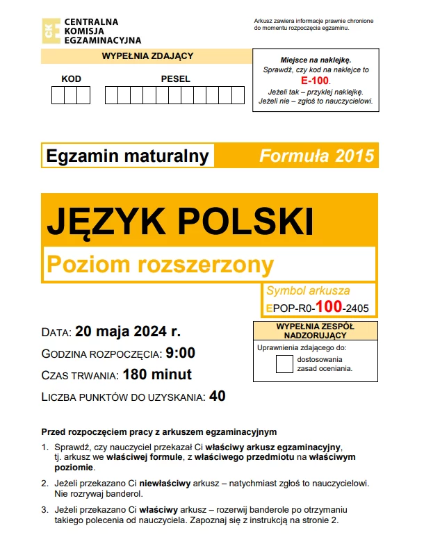 Pierwsza strona arkusza CKE - polski rozszerzony, formuła 2015