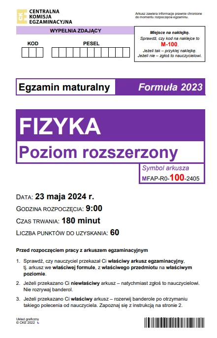 Matura 2024: Fizyka, poziom rozszerzony. Arkusz CKE i odpowiedzi - strona 1