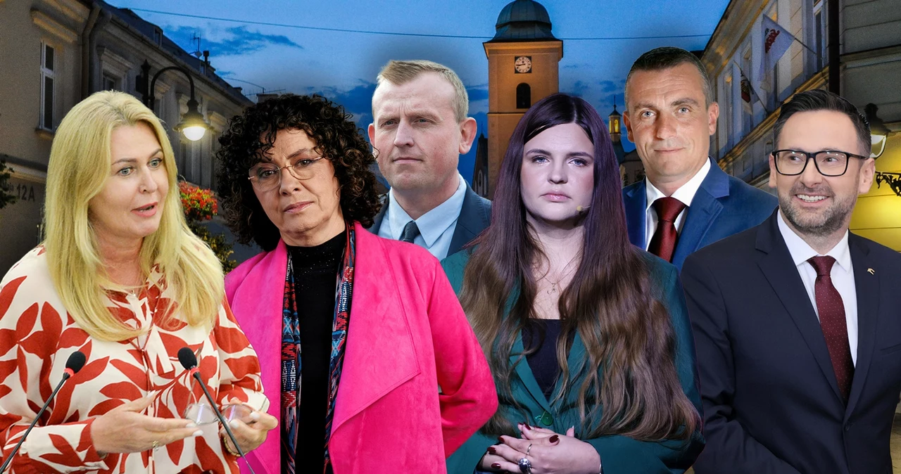 "Jedynki" dziewiątego okręgu - Rzeszów. Od lewej: Elżbieta Łukacijewska, Elżbieta Burkiewicz, Tomasz Buczek, Wiktoria Barańska, Paweł Frankiewicz i Daniel Obajtek. Na zdjęciu brakuje jedynki Polexitu - Grzegorza Rykały, który nie udostępnił swojego wizerunku w sieci