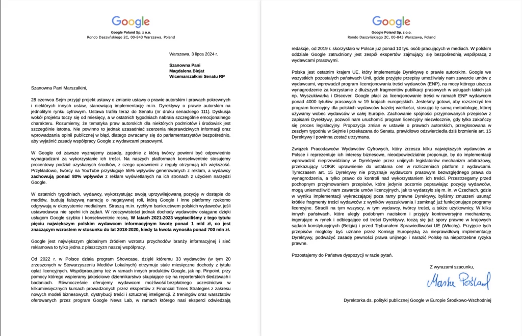 List Google'a do senatorów i senatorek