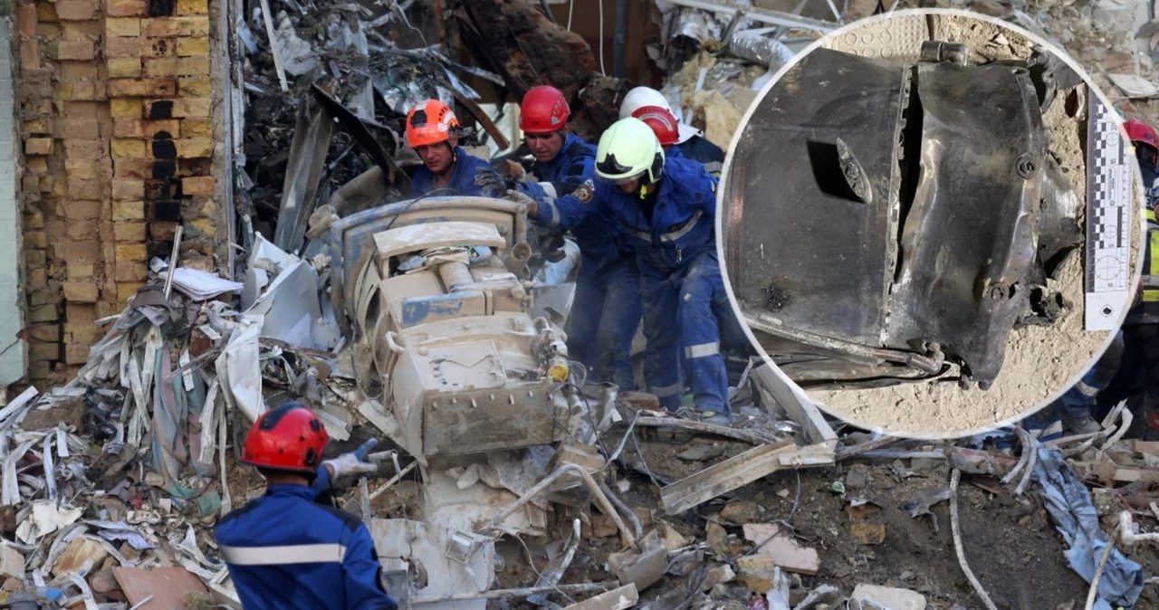 Szczątki rosyjskiego pocisku Ch-101, który trafił w szpital w Kijowie. Do jego produkcji stosowane są komponenty z USA i Szwajcarii