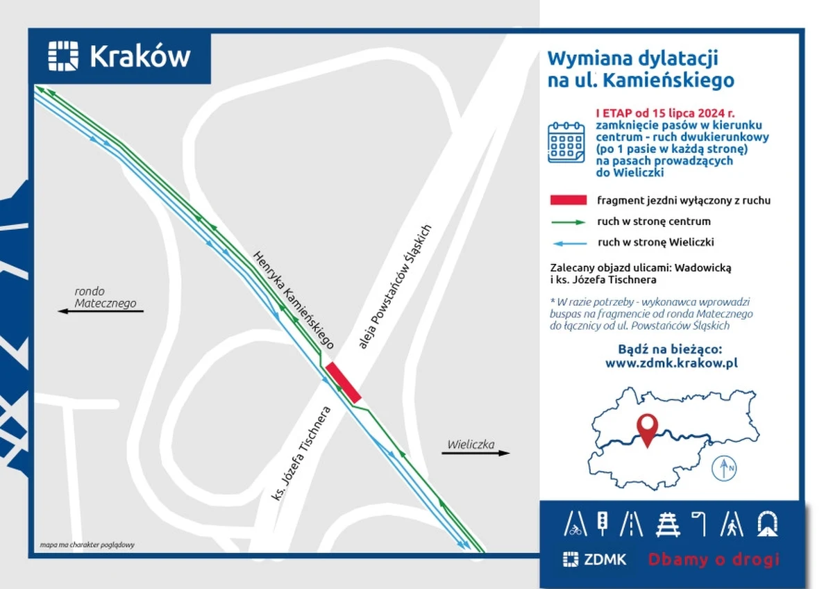 Rozpoczęła się naprawa nieszczelnych dylatacji na wiadukcie na ul. Kamieńskiego, nad ul. Powstańców Śląskich w Krakowie. Prace potrwają do 28 lipca. Jezdnia w obu kierunkach będzie przejezdna, ale kierowcy powinni się uzbroić w cierpliwość, bo będą utrudnienia. 