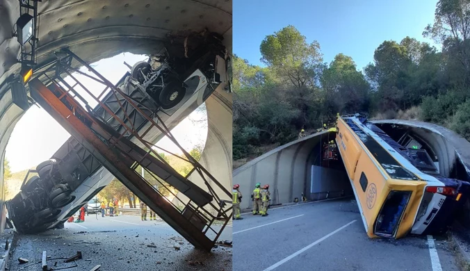 "Dziwny" wypadek w Hiszpanii. Autobus w pionie, kilkudziesięciu rannych