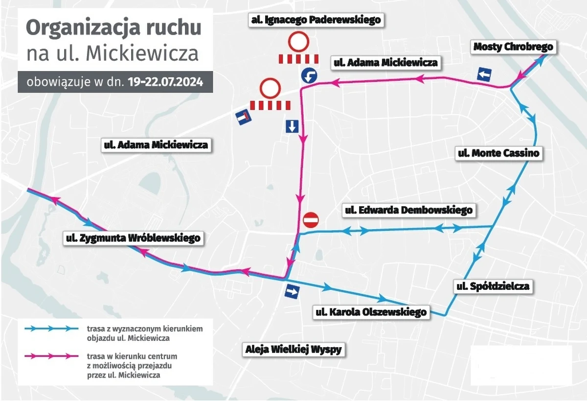 Drogowcy w nocy z piątku na sobotę (19/20 lipca) zamykają skrzyżowanie ul. Mickiewicza z aleją Wielkiej Wyspy i Paderewskiego we Wrocławiu. Będą w tym miejscu układać ostatnią warstwę masy bitumicznej.

