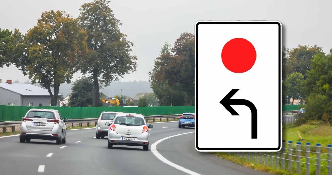 Czerwona kropka na znaku. Wskazuje objazd, który oszczędza czas