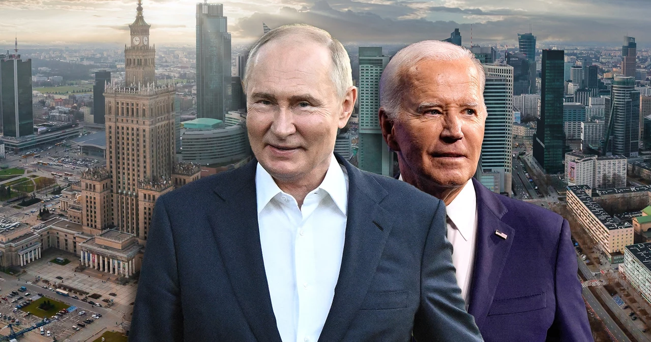 Od lewej: Władimir Putin i Joe Biden. W tle Pałac Kultury