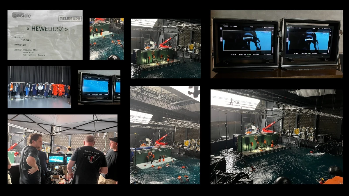 "Uwaga wszyscy! Dajemy silny deszcz, włączamy mocny wiatr... Kamera! Akcja" - krzyczy przez megafon drugi reżyser Bruno Borchólski. Powtarza to po angielsku, bo ekipa jest międzynarodowa. Na rampie nad gigantycznym basenem reżyser Jan Holoubek i autor zdjęć Bartek Kaczmarek pochylają się ze skupieniem przy podglądach i sprawdzają ujęcie. Jesteśmy w belgijskim Lites Water Stage & Film Studios na planie serialu "Heweliusz". To największe podwodne studio filmowe w Europie. 