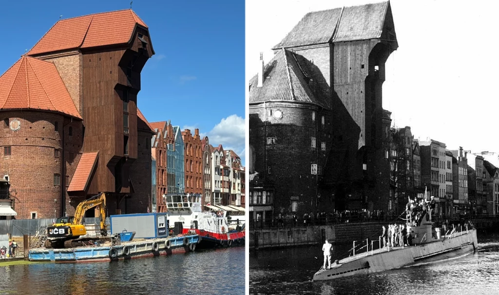 Gdańsk współcześnie i w 1940 roku. Na archiwalnym zdjęciu U-boot U 142