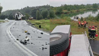 Zderzenie pod Bolesławcem. Ciężarówka wjechała do wody  