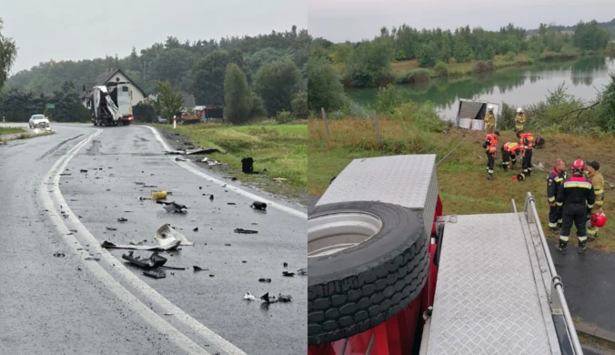 Zderzenie pod Bolesławcem. Ciężarówka wjechała do wody  