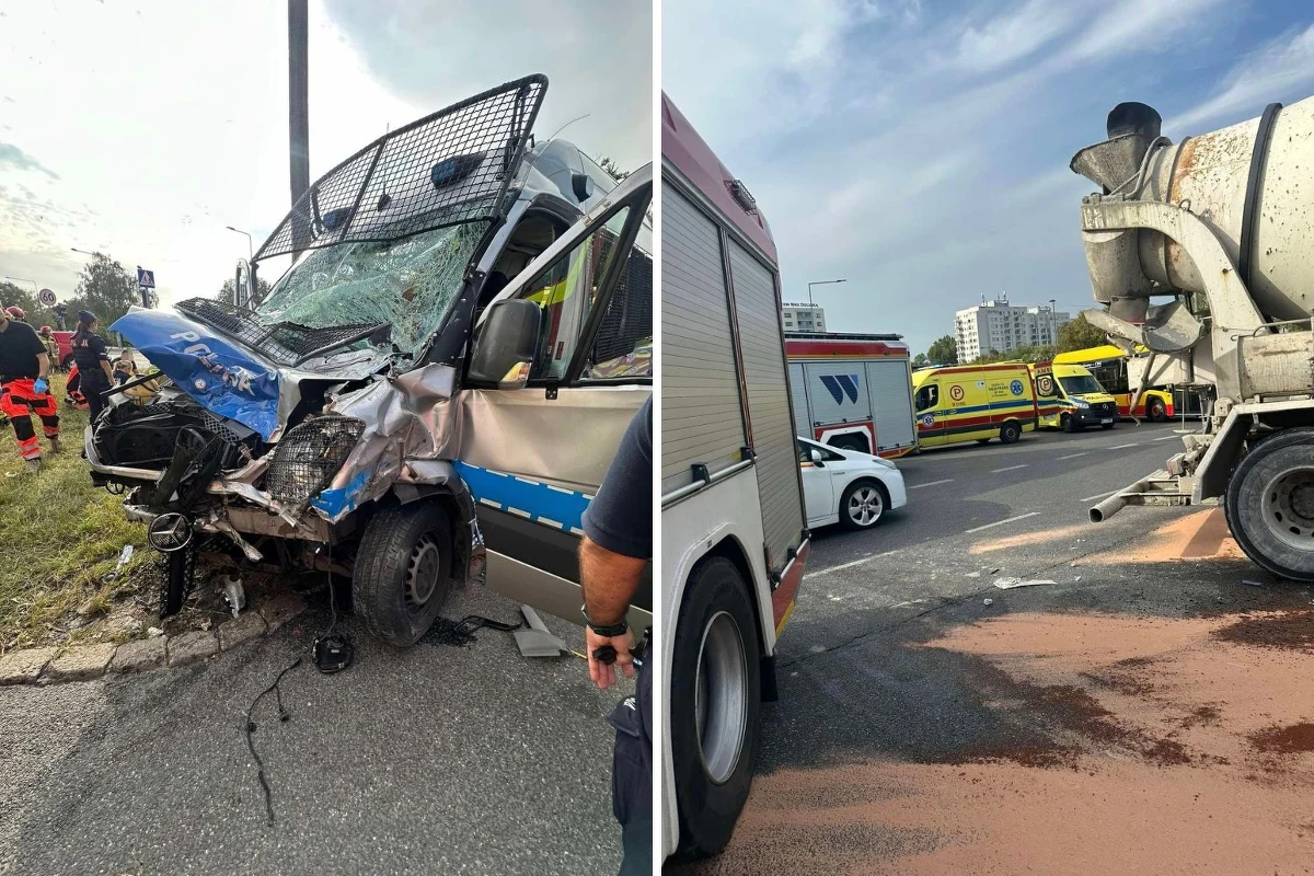 8 policjantów zostało rannych w wypadku w Warszawie. Samochód ciężarowy - betoniarka zderzył się z radiowozem. Funkcjonariusze zostali zabrani do szpitala. 