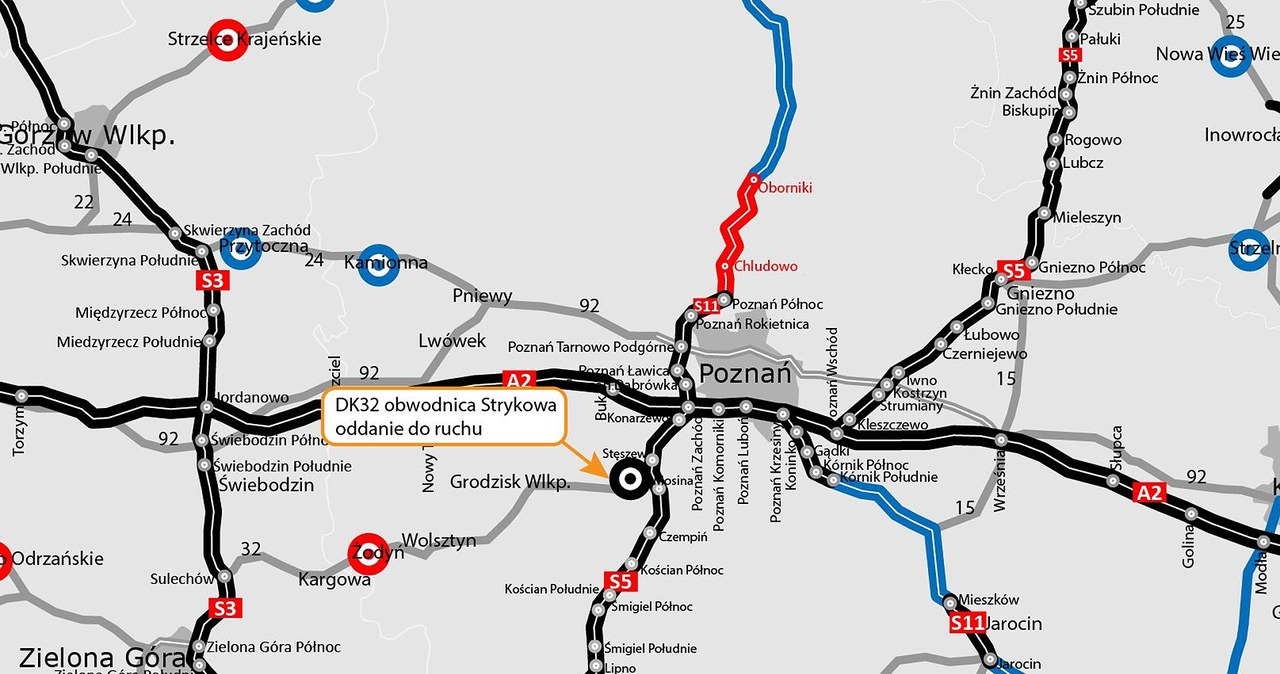 Generalna, Dyrekcja, Dróg, Krajowych, Autostrad, poinformowała, zakończeniu, prac, 3kilometrową, obwodnicą, Strykowa, ciągu, dro Szybszy dojazd z Poznania do Zielonej Góry. Oddano ważną drogę