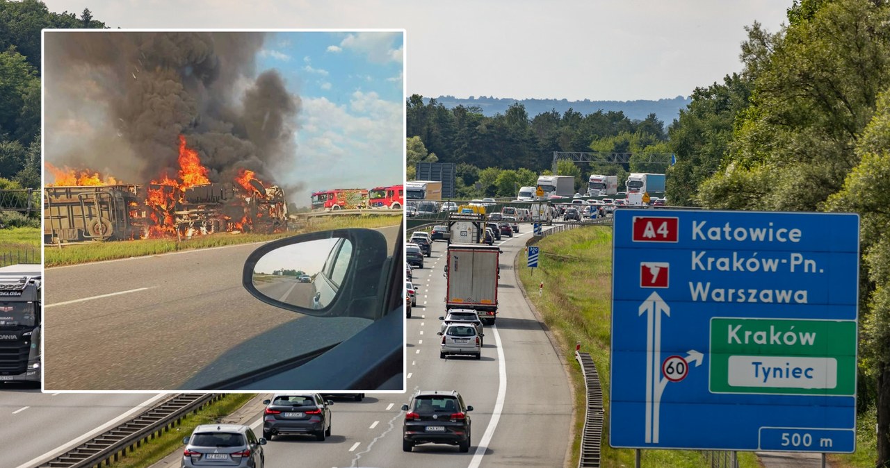  Słup ognia i kłęby dymu nad autostradą. Ciężarówka przebiła bariery