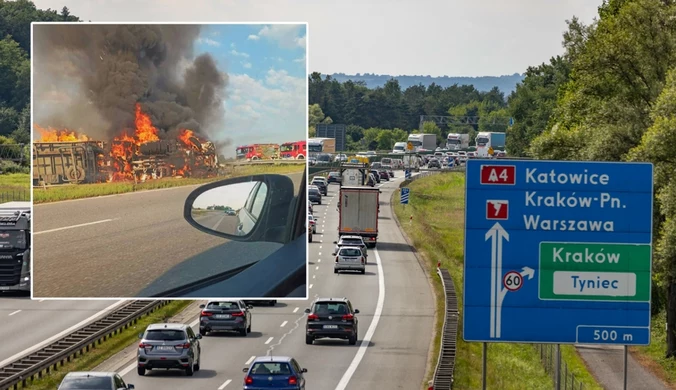 Słup ognia i kłęby dymu nad autostradą. Ciężarówka przebiła bariery 