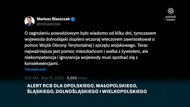 - Wstydziłbym się coś takiego napisać - powiedział w "Śniadaniu Rymanowskiego" Dariusz Klimczak. Minister odniósł się do wpisu Mariusza Błaszczaka, krytykującego działania rządu w kwestii powodzi. Klimczak dodał, że niektórzy politycy na tragedii ludzkiej próbują "zbijać "kapitał polityczny".