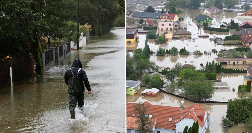 Powódź w Europie. Po lewej stronie zalane ulice Austrii, po prawej miasto Ostawa w Czechach