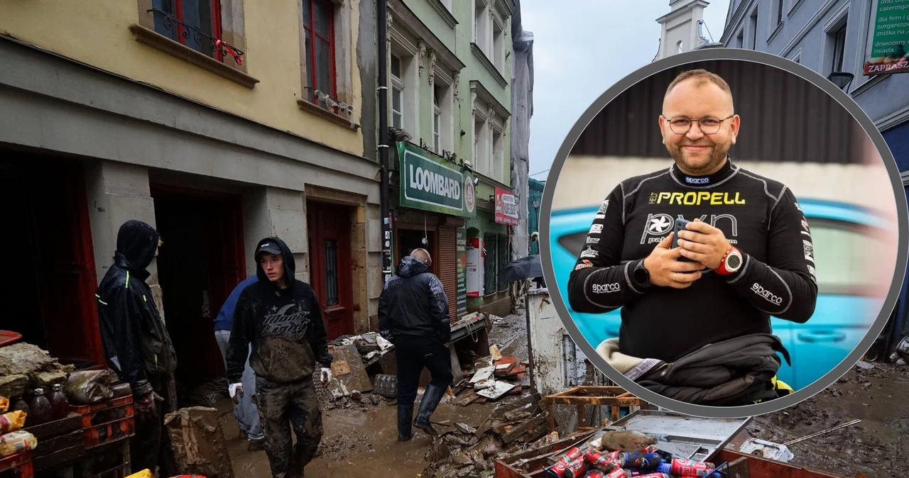 Zalane Kłodzko. W ramce Michał Majewski