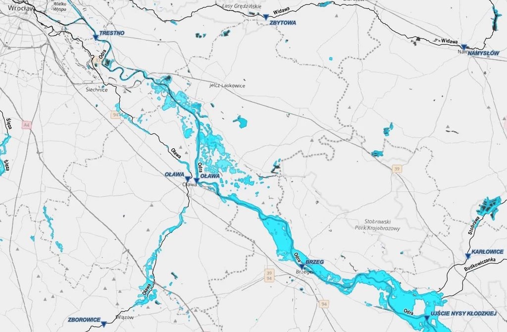 Zalane tereny na mapach IMGW