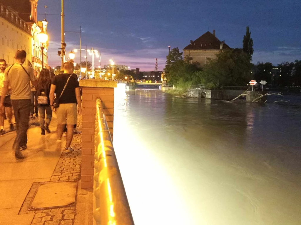 Przechodnie nad Odrą w środę wieczorem. Po prawej widoczne konary zniesione przez rzekę