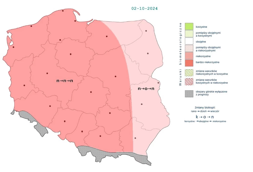 W praktycznie całym kraju warunki będą niekorzystne. Jedynie czasowo w ciągu dnia na wschodzie poprawią się do obojętnych