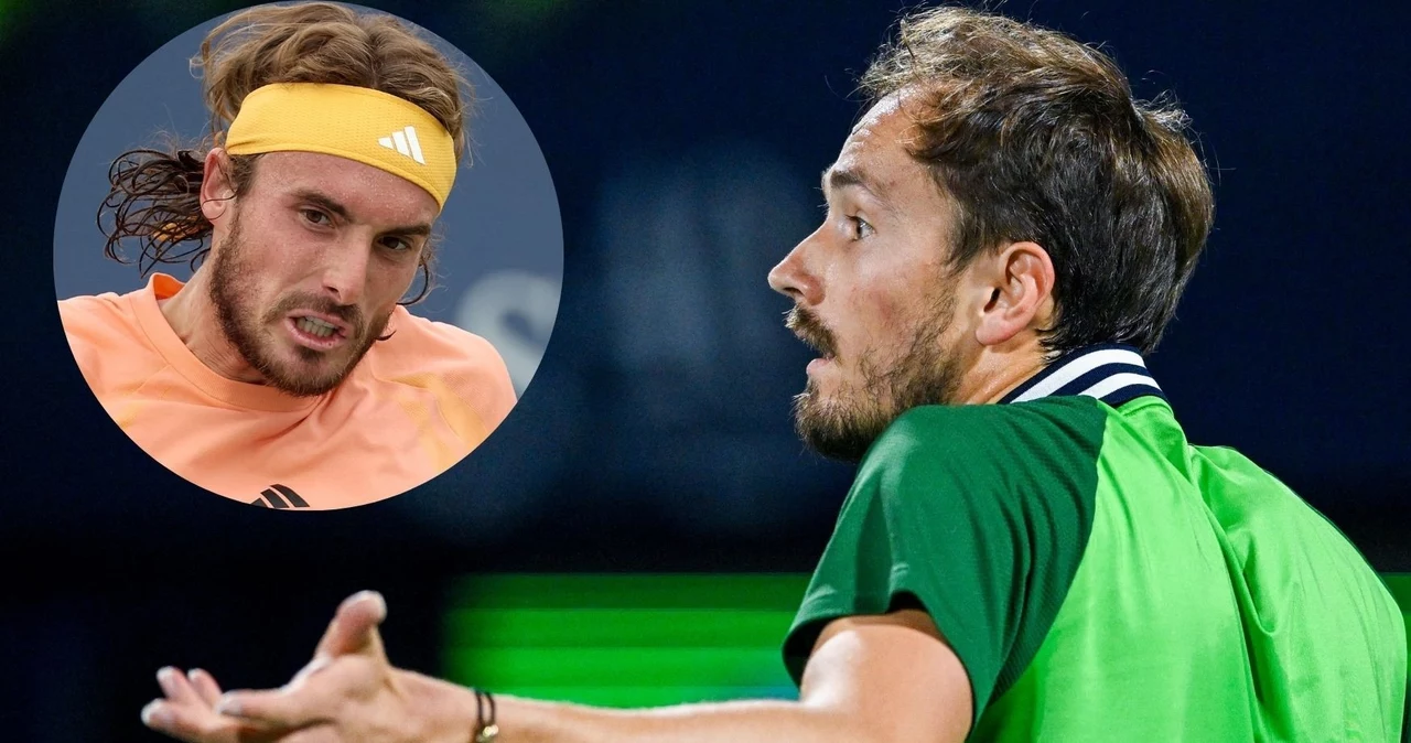 Stefanos Tsitsipas (na małym zdj.) swoją agresja wprawił w zdumienie Daniiła Midwiediewa  