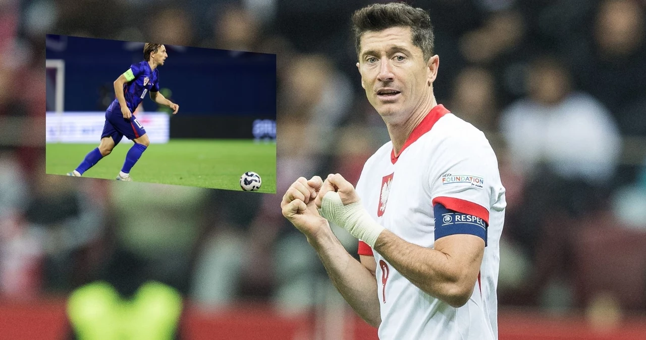 Robert Lewandowski na pierwszym planie i w okienku Luka Modrić 