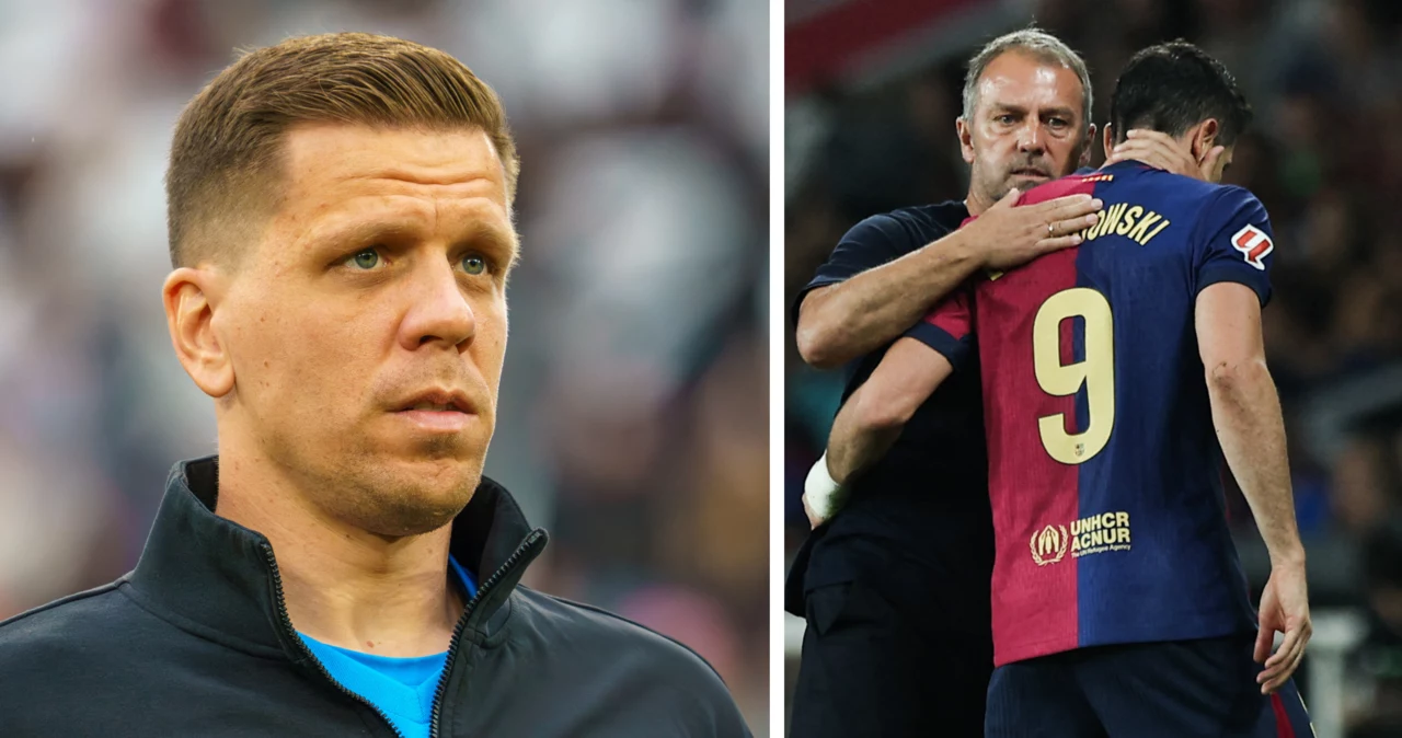 FC Barcelona. Na zdjęciu Wojciech Szczęsny, trener Hansi Flick oraz Robert Lewandowski