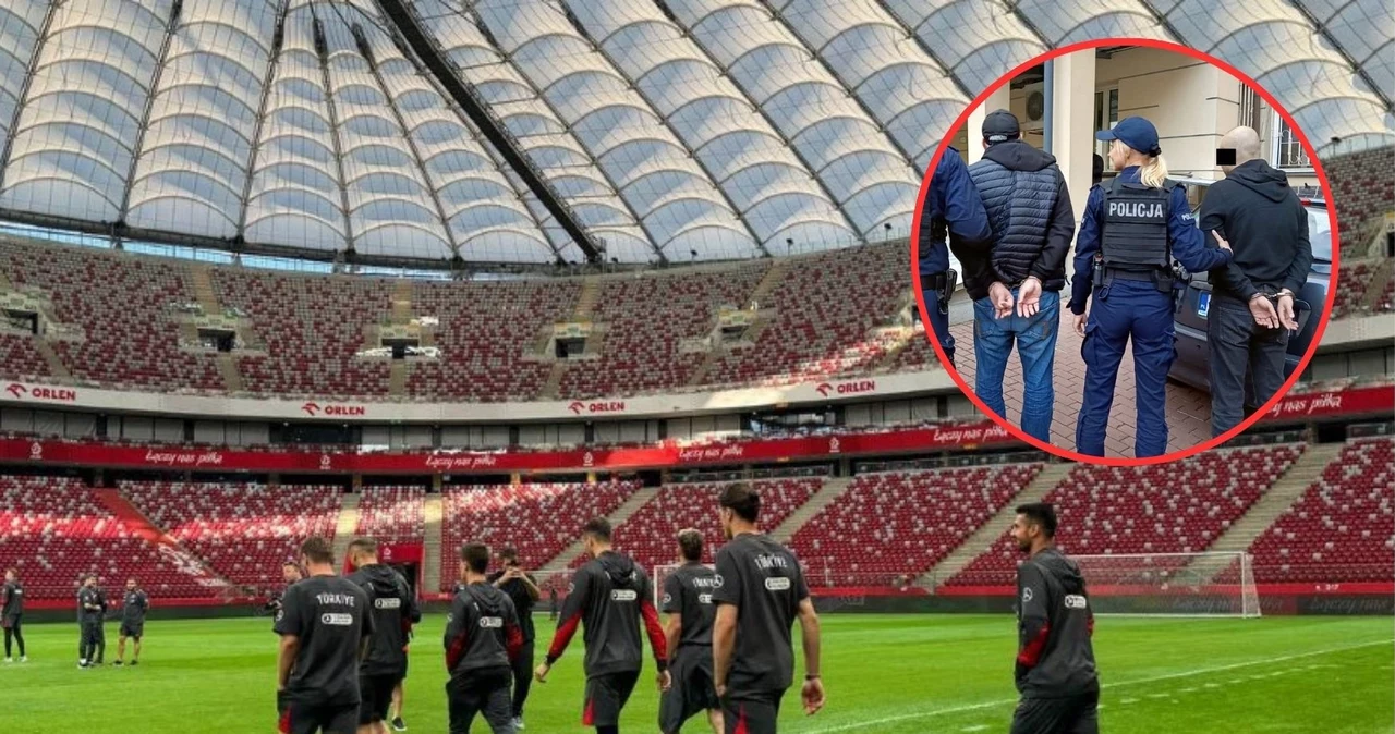 Stadion PGE Narodowy i zatrzymani mężczyźni (na małym zdjęciu)