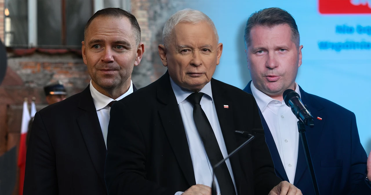 Jarosław Kaczyński (fot. ANTONI BYSZEWSKI / FotoNews/Forum) zastanawia się, kto będzie lepszym kandydatem PiS w wyborach prezydenckich: Karol Nawrocki (fot. Adam Chelstowski/Forum) czy Przemysław Czarnek (fot. Jacek Szydlowski/Forum)