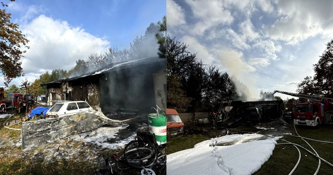 Łódź. Pożar garażu na Bałutach. Spłonęło kilkanaście samochodów