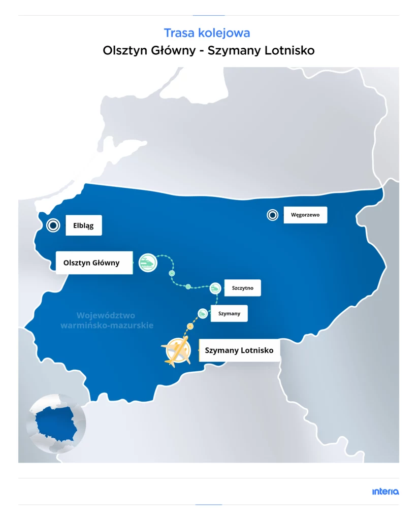 Trasa przejazdu pociągów relacji Olsztyn Główny - Szymany Lotnisko