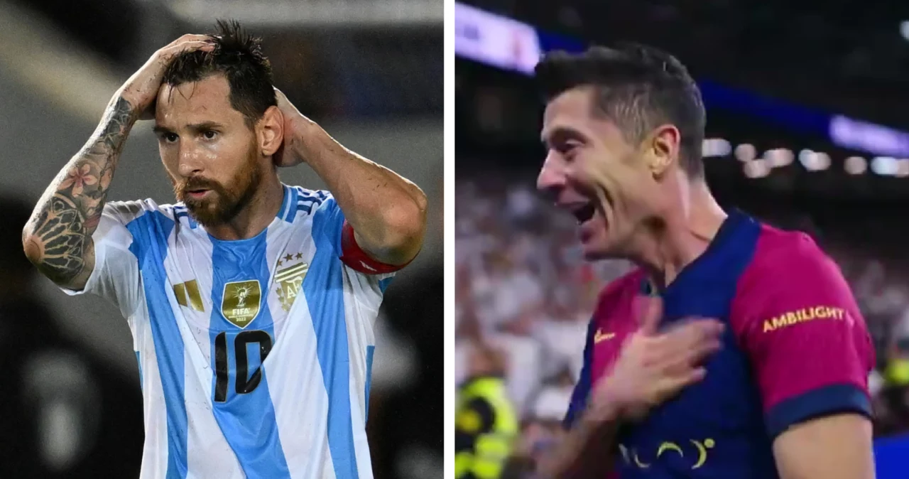 Leo Messi w barwach reprezentacji Argentyny oraz Robert Lewandowski świętujący gola dla FC Barcelona w meczu z Realem Madryt